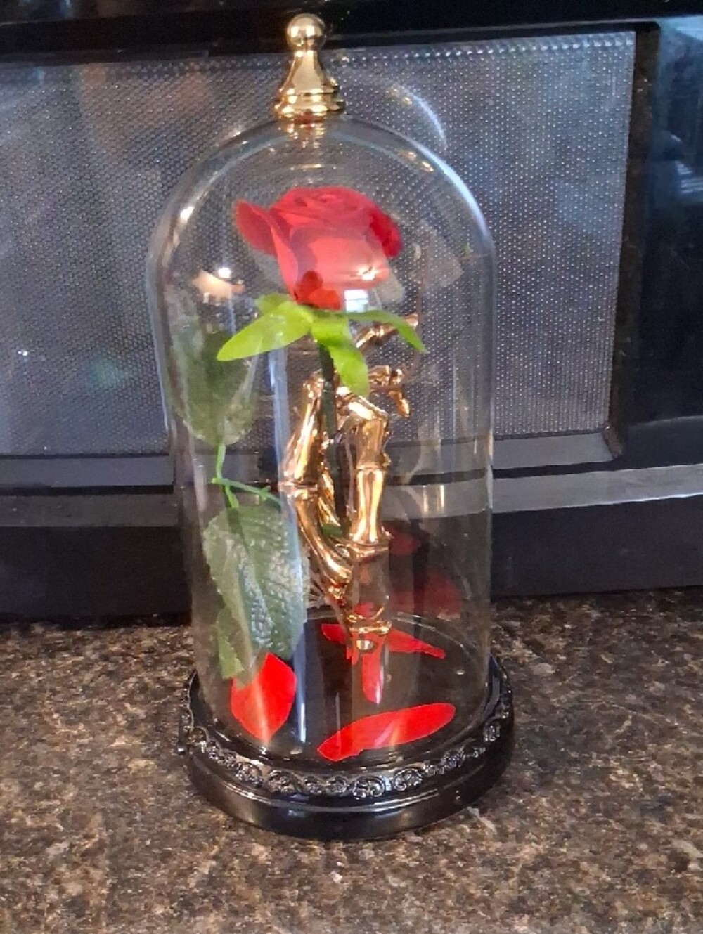 Red Rose In A Gold Skeleton Hand Dome With Light - Picture 4 of 6